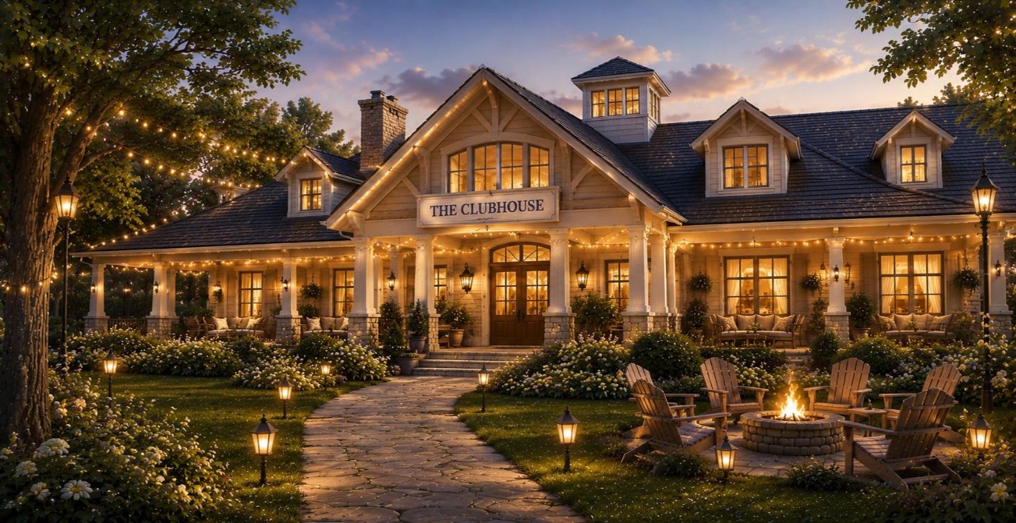 The Clubhouse — Club Joy's social heart, warm and inviting.